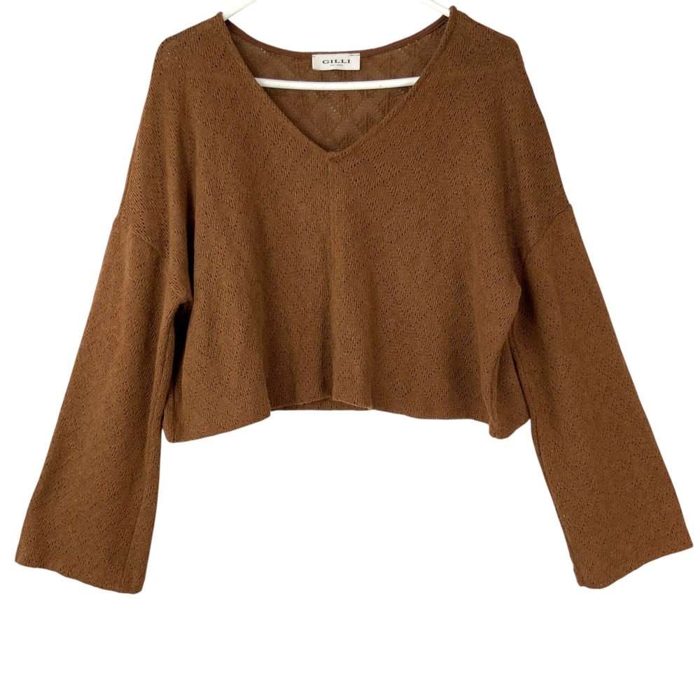 Gilli Brown Cropped Sweater L Pullover V-Neck Long Bell Sleeve Pointelle Knit